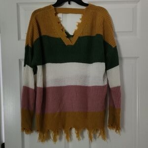 Striped V-Neck Frayed Hem Sweater